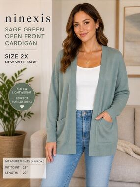 Ninexis Sage Green Open Front Cardigan 2X Oversized Lightweight Knit Pockets NWT